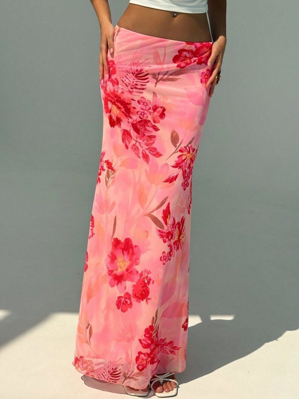 Pink Boho Women's Elegant Floral Print Low Waist Skirt - Picture 6 of 6